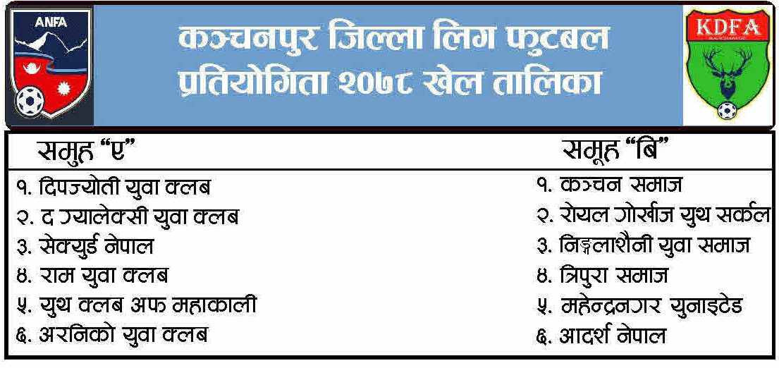 कञ्चनपुर जिल्ला लिग फुटबल प्रतियोगिताको खेल तालिका सार्वजनिक